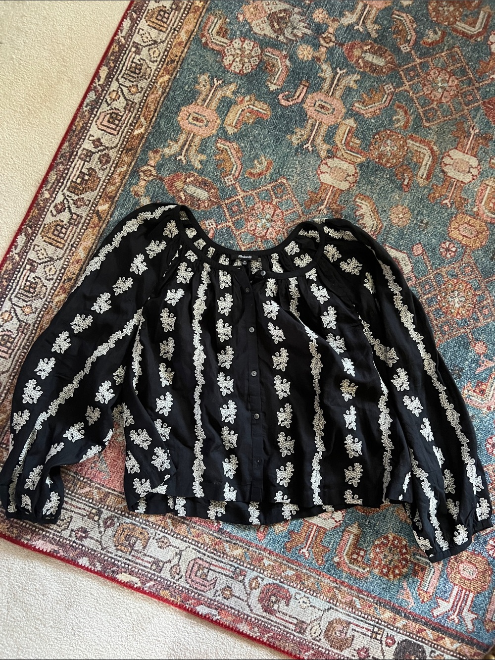 Madewell Black and Cream Lace Peasant Blouse